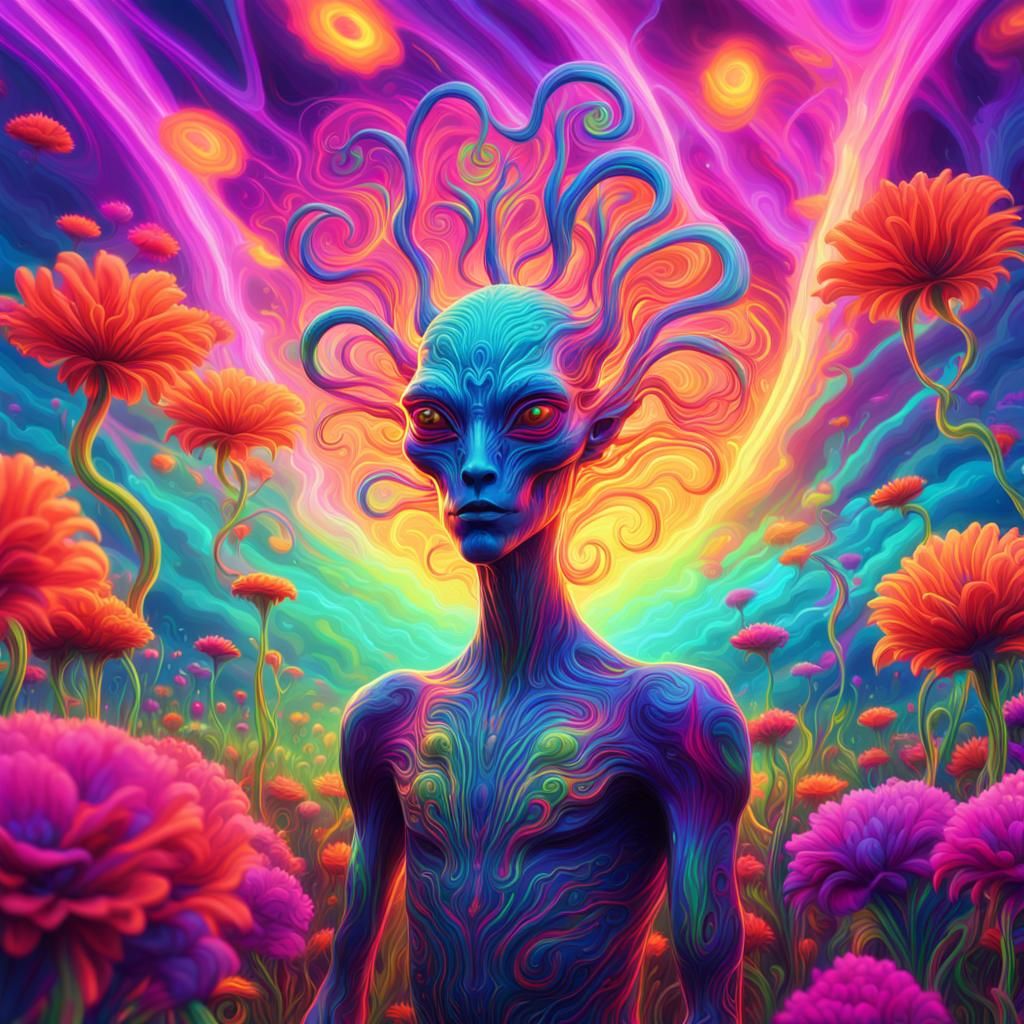 Psychedelic Alien in a Field of Flowers