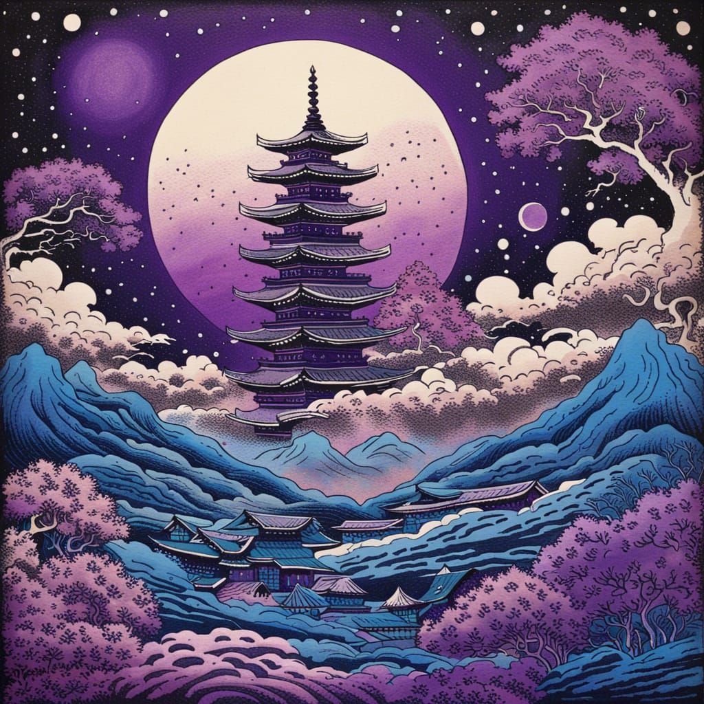Japanese Woodblock Print of a Purple Moon Landscape