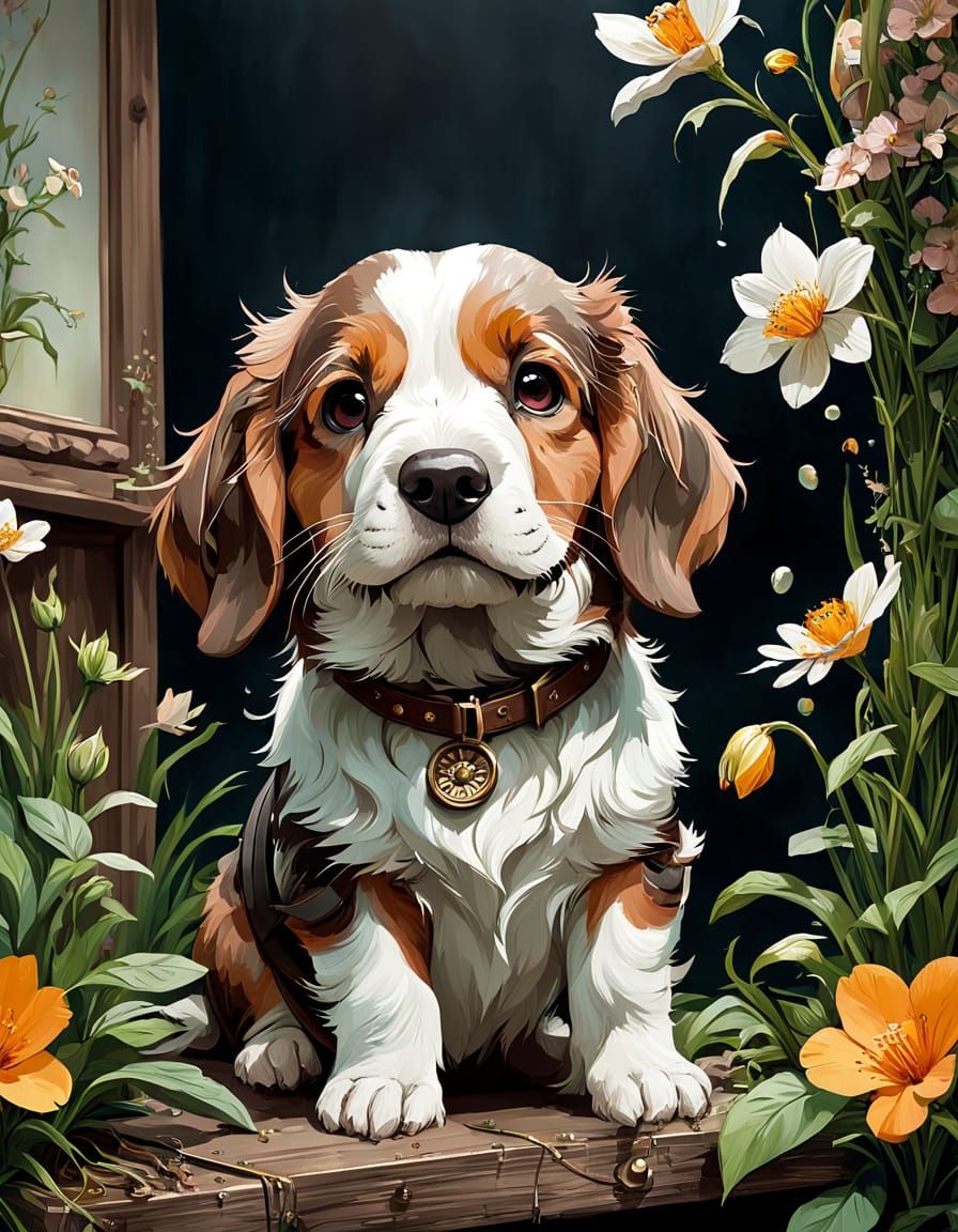 Adorable Bassetoodle Puppy in Spring Floral Digital Art