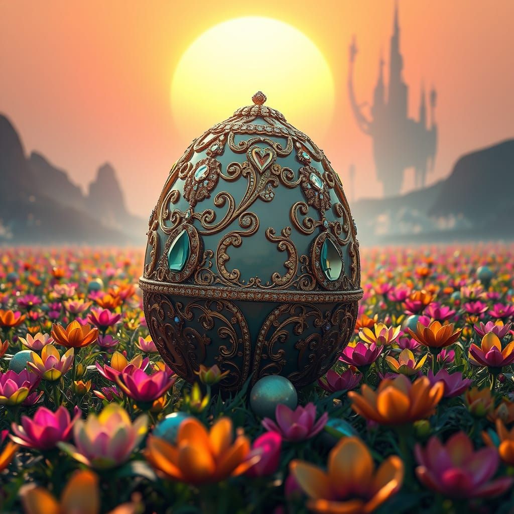 Faberge Egg in Alien Landscape with Iridescent Flora