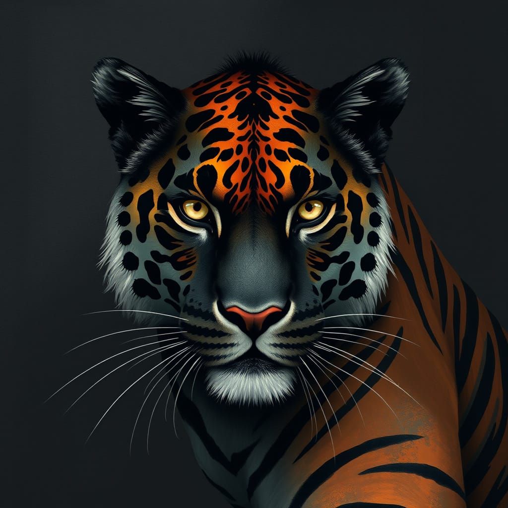 Black Leopard with Tiger Stripes in Digital Art Style