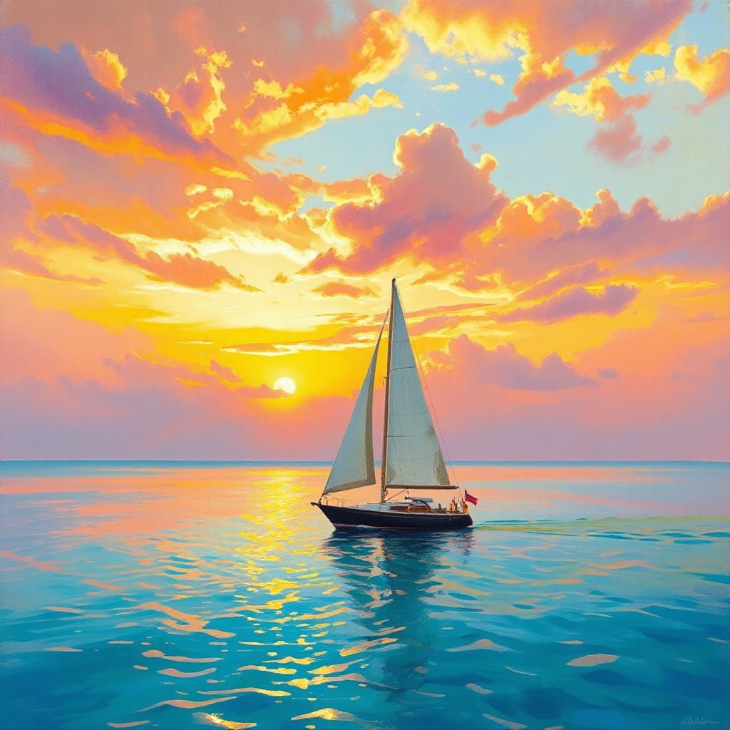 Sailboat at Sunset in Impressionistic Style