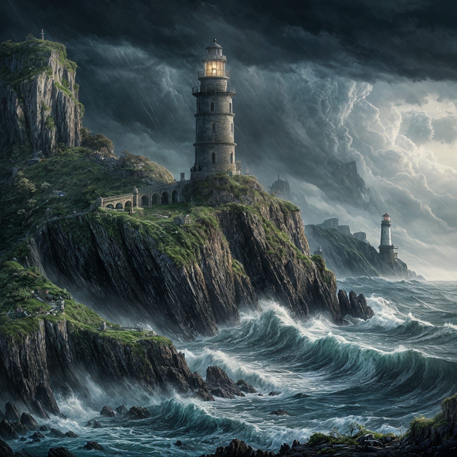 Ruined Lighthouse in Dark Fantasy Seascape