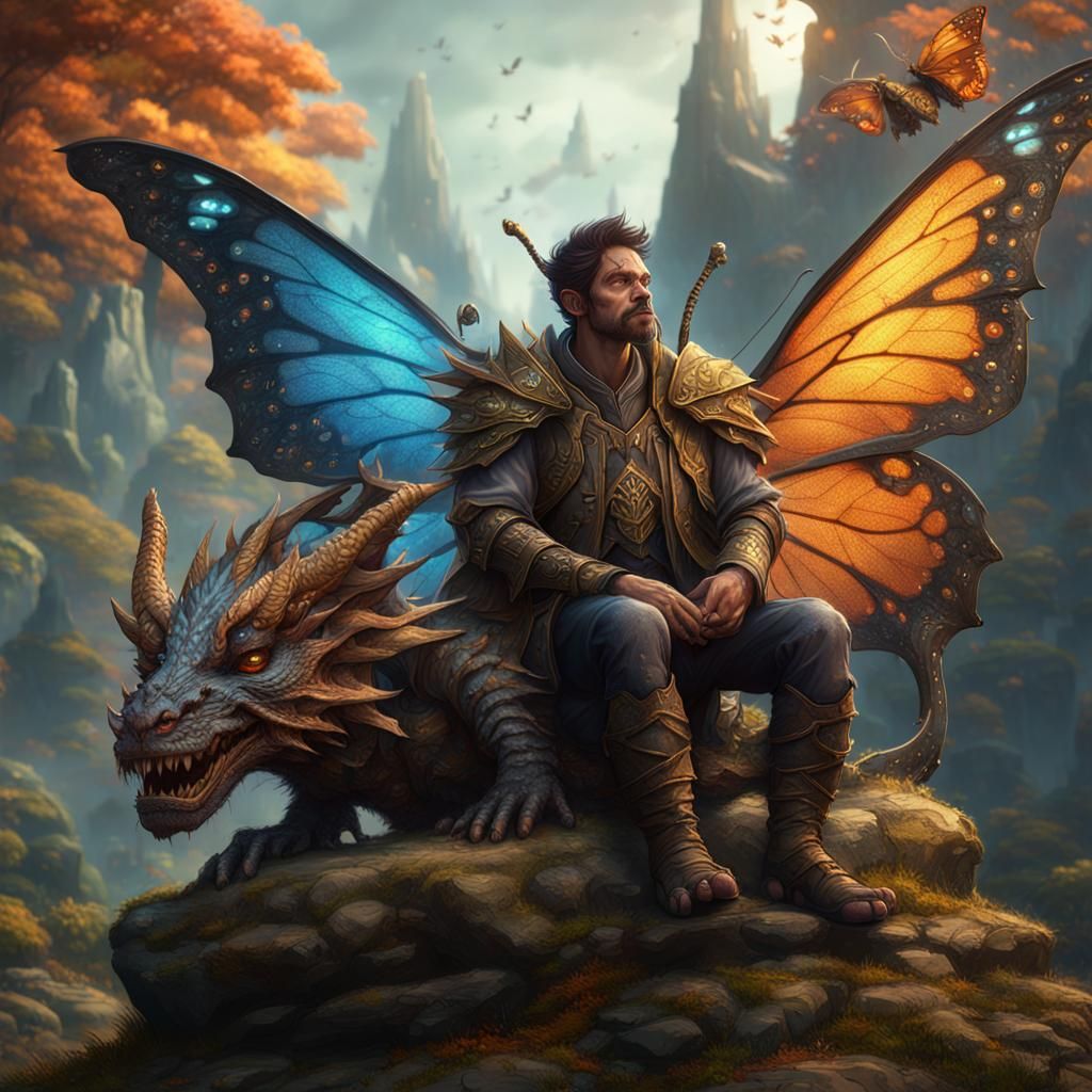 Butterfly Dragon on Ogre Mage Shoulder: Fantasy Art