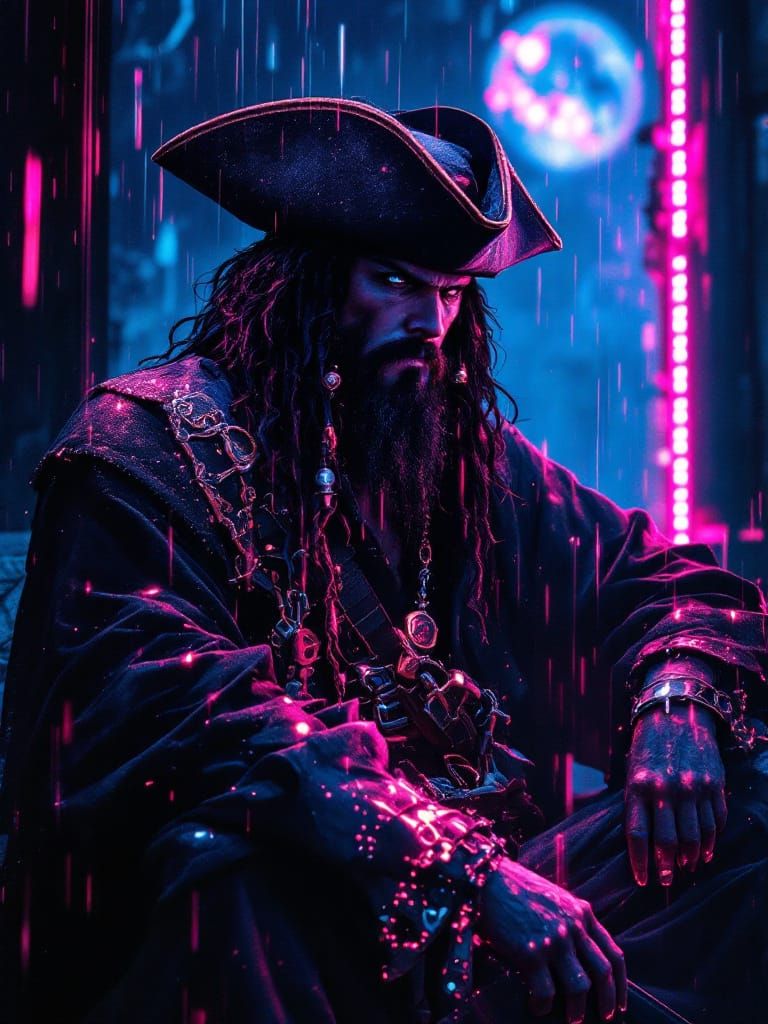 Cyberpunk Blackbeard in Hokusai Style with Neon Rain