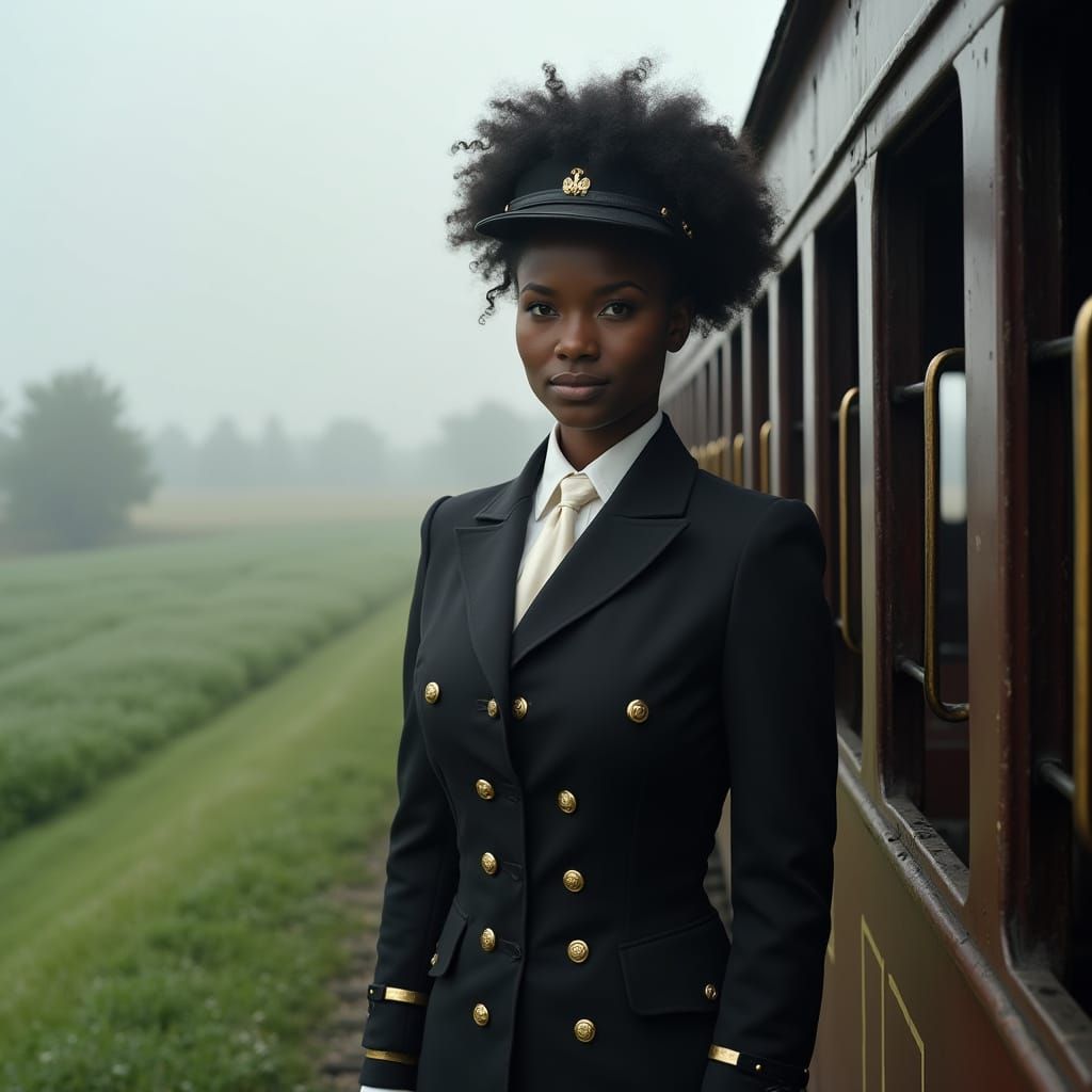 Regal African American Woman Conducts on Vintage Steam Train