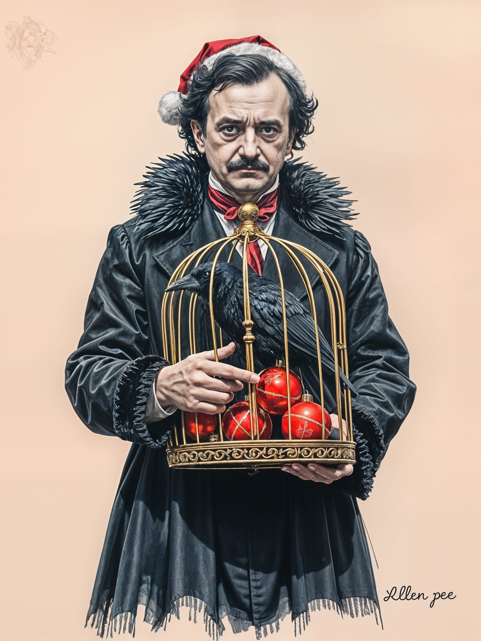 Edgar Allan Poe as Santa with Raven in Ornate Birdcage