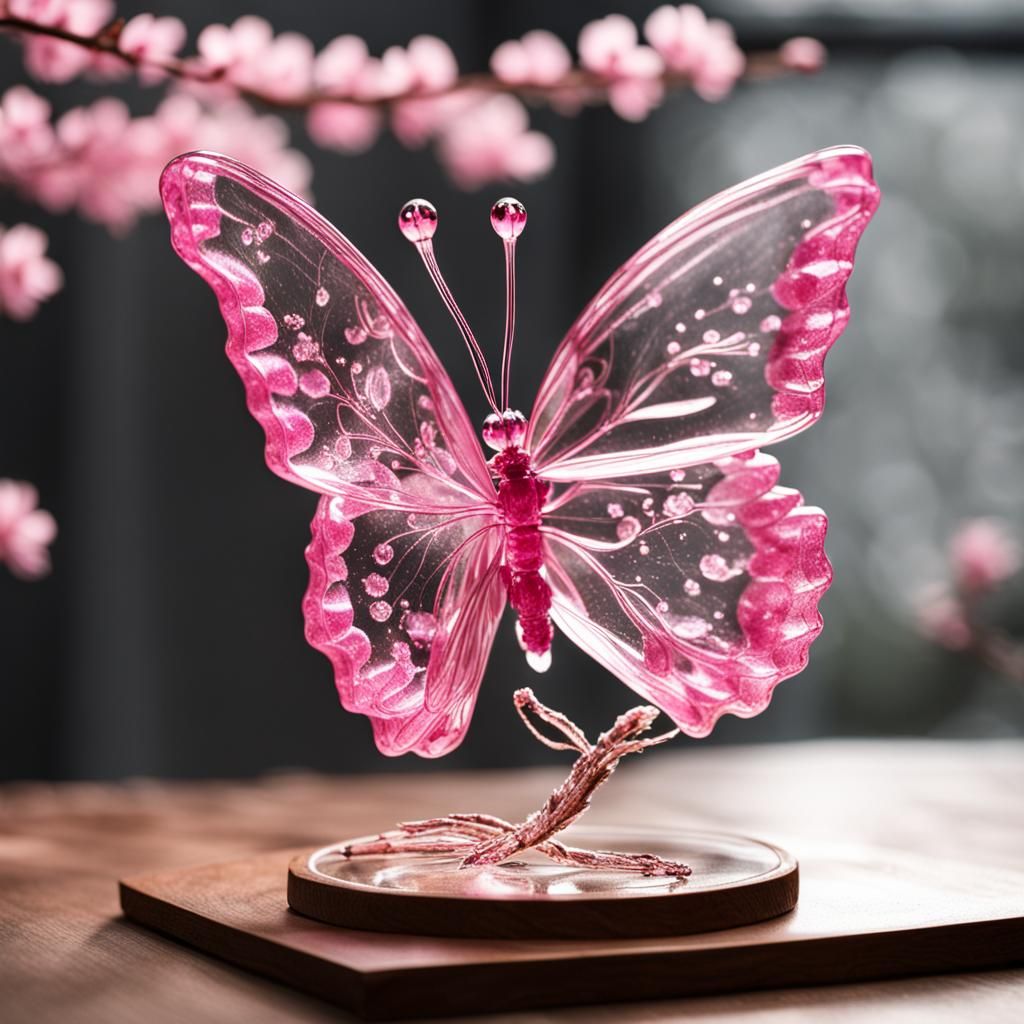 Glass Pink Butterfly on Sakura Branch