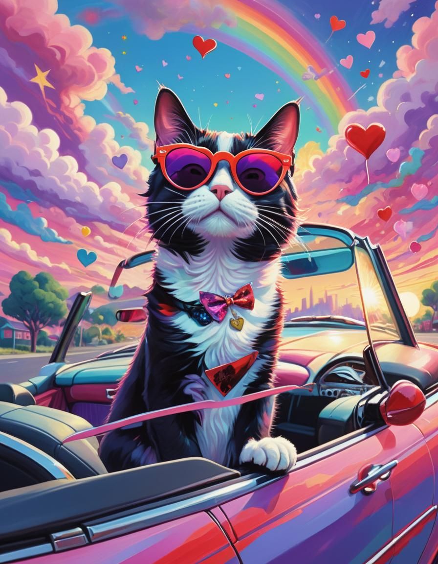 Tuxedo Cat Drives Rainbow Road: Expressionist Concept Art