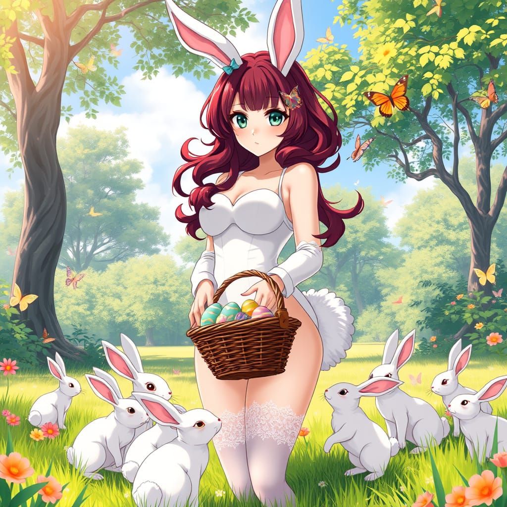 Anime Woman in Vibrant Easter Outfit with Rabbits in Lush Su...