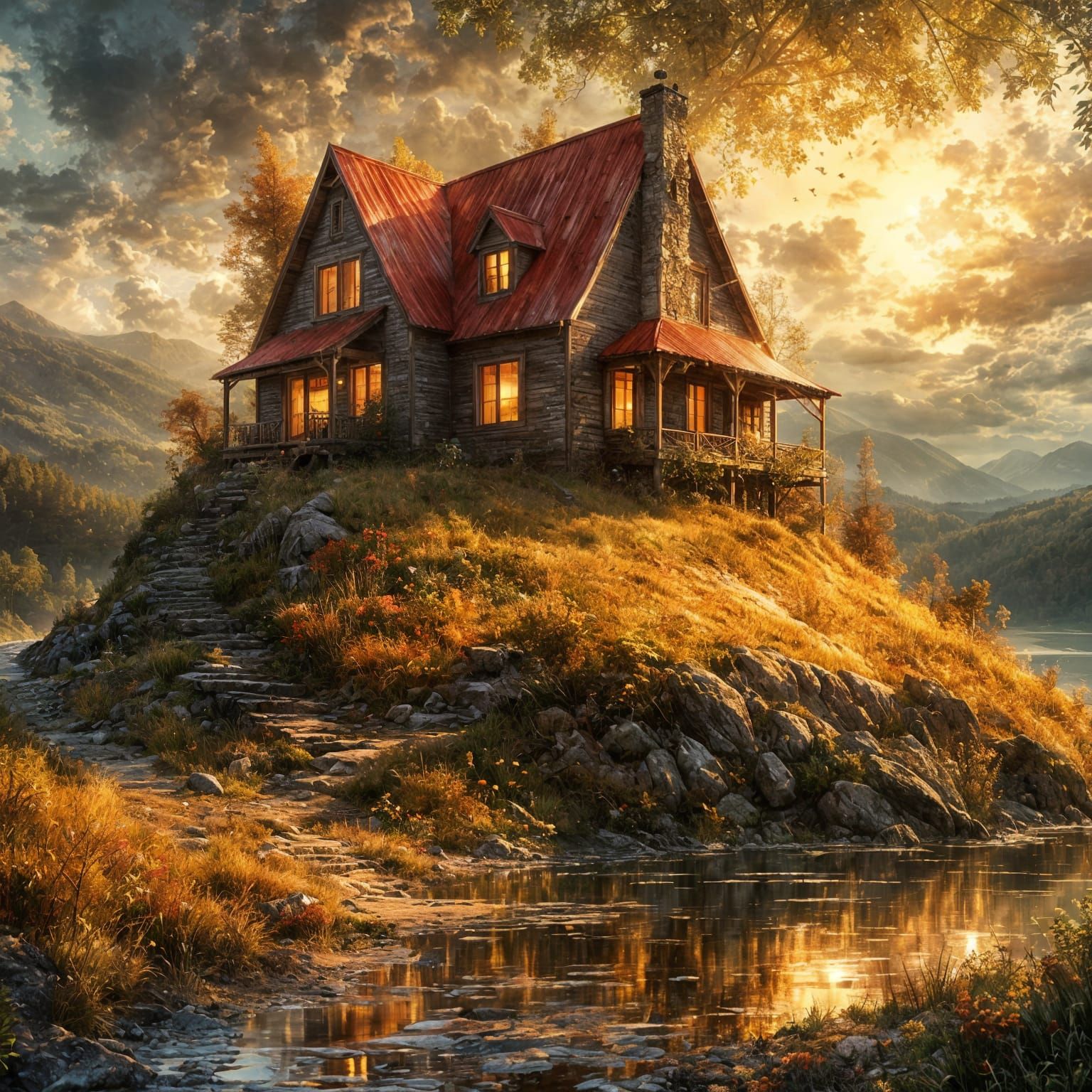 Hillside House with Red Roof in Golden Light