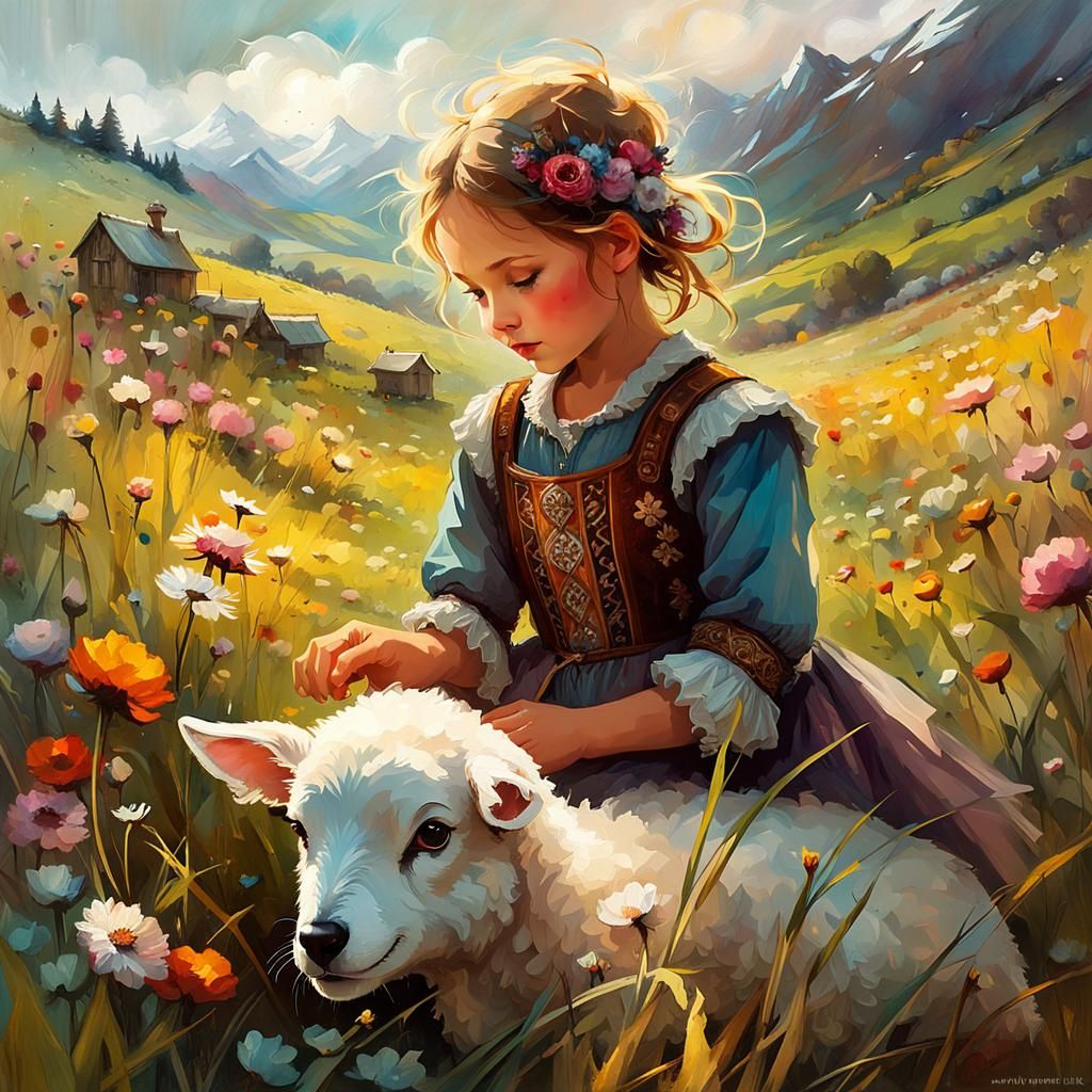 Shepherd Girl with Lamb Puppy on Blooming Meadow