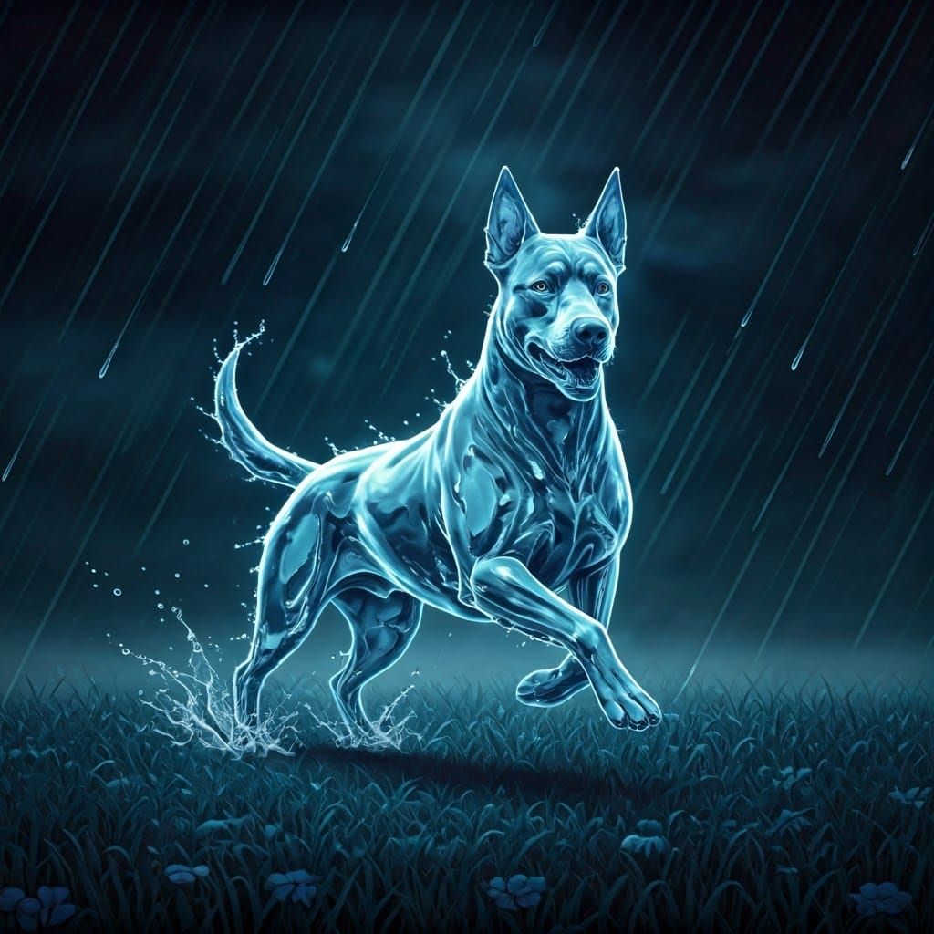 Ethereal Water Dog Runs Through Rainy Meadow in Dramatic Con...