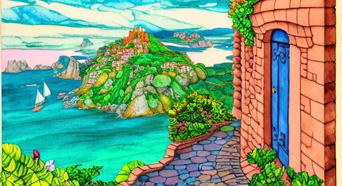 Geometric Comic Book Sea Vista in Pastel Colors