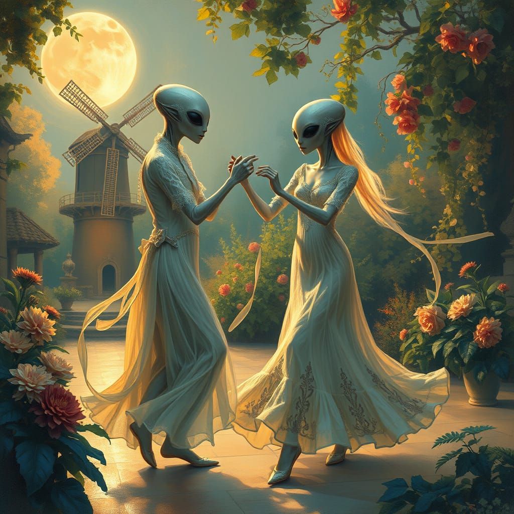 Ethereal Alien Ballerinas Dance Under Moonlit Garden