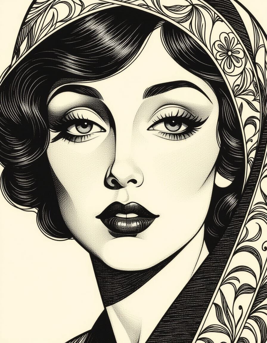 Woman's Portrait in Pencil Silhouette Drawing