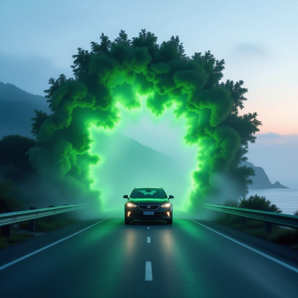 Car Headlights Pierce Fog on Coastal Road in Cinematic Style