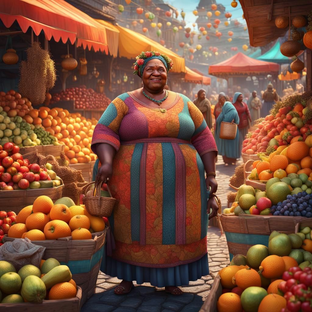 Body Positive Woman in Colorful Marketplace, Detailed Painti...