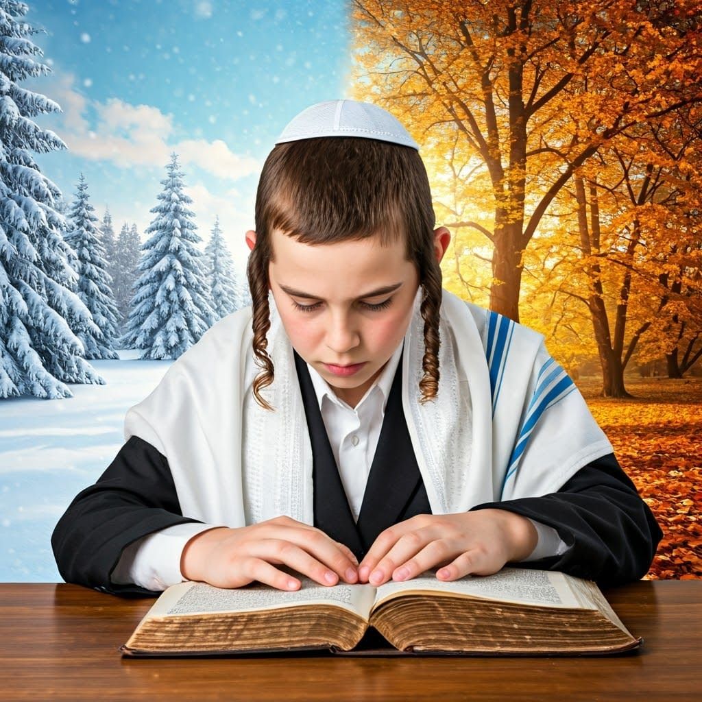 Boy Studies Torah with Surreal Seasonal Background