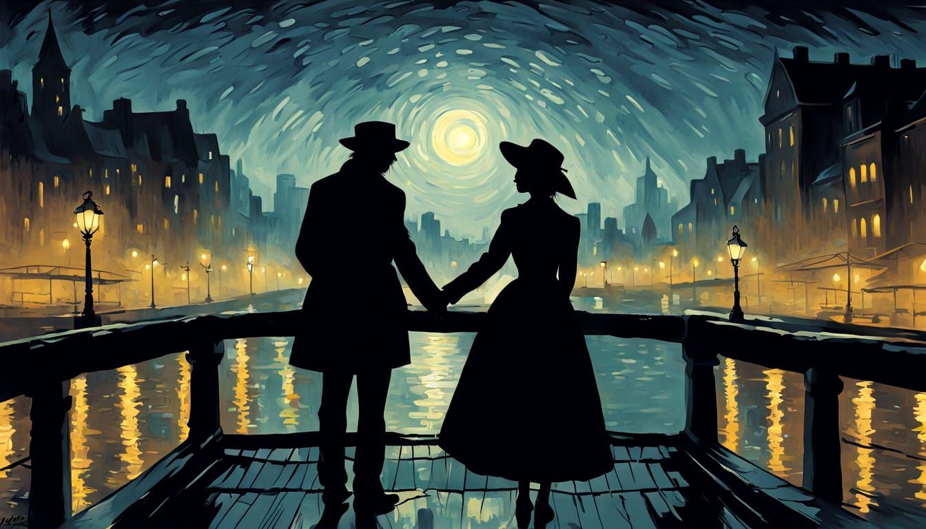 Couple Silhouette in City Night, Van Gogh Style