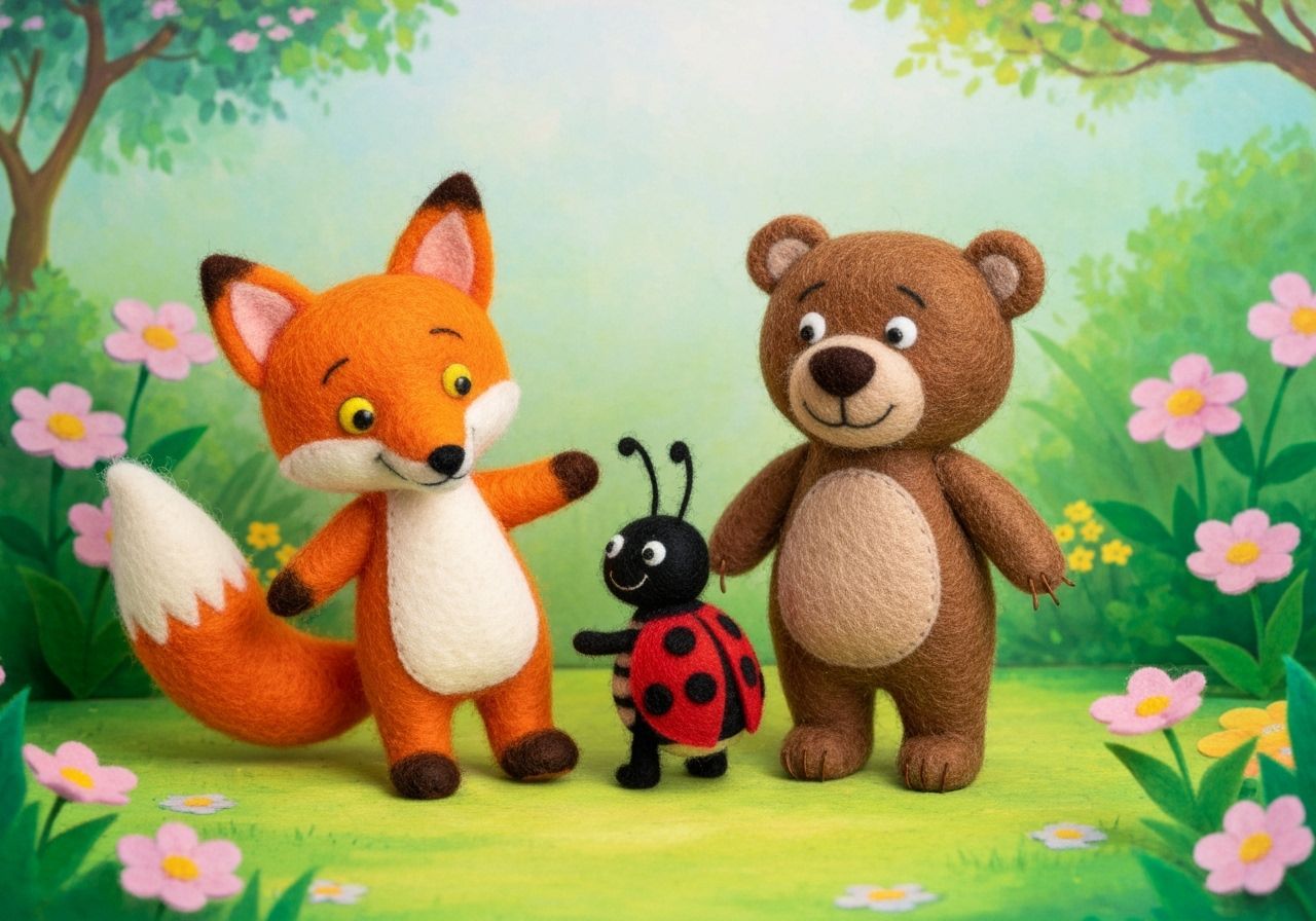 Whimsical Felt Characters in a Children's Garden