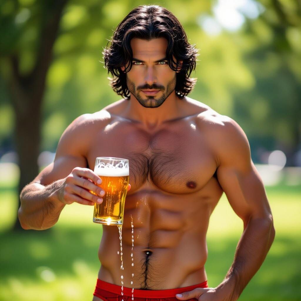 Handsome Man Pours Beer in Sunny Park