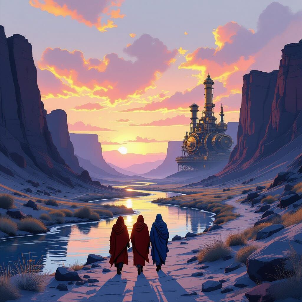 Desert Shamans Walking a River Path at Golden Hour