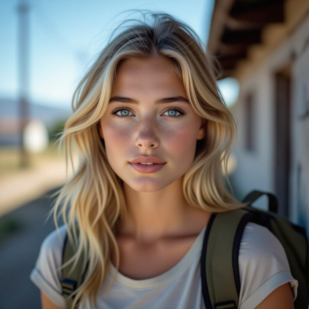 Freckled Blonde Girl in Cinematic Film Style