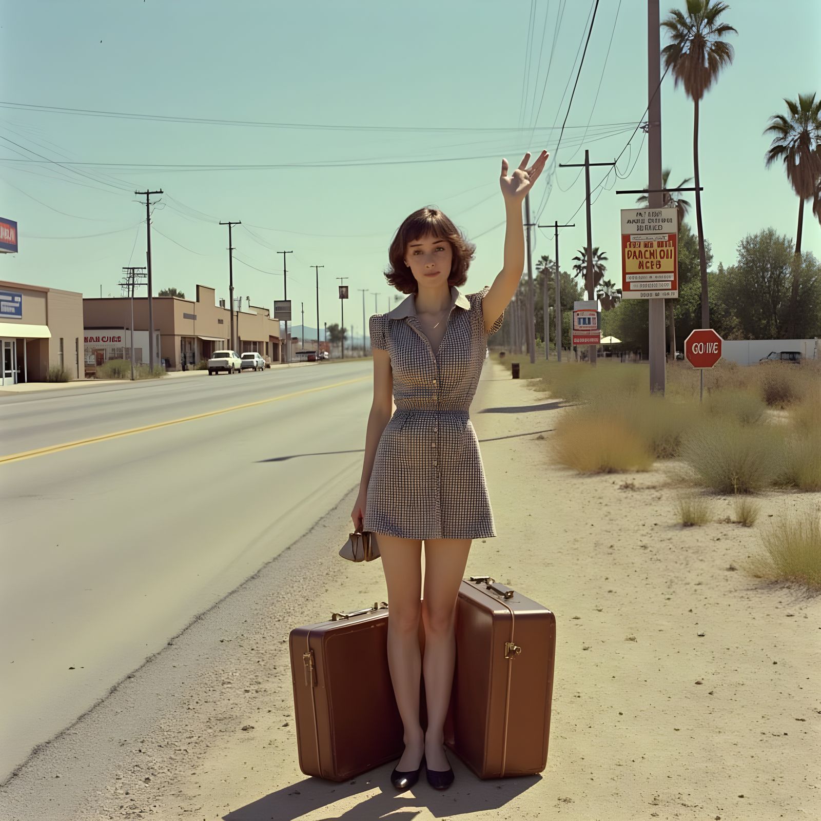 Young Woman Waiting for a Ride on a Desert Roadside