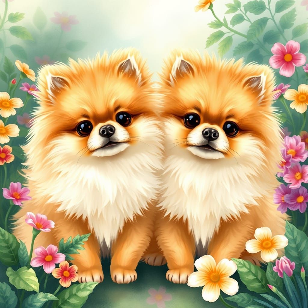 Adorable Pomeranian Sisters in Whimsical Watercolor Style