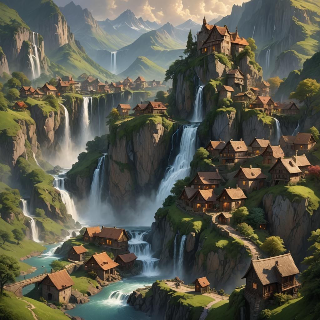 Mountain Village with Waterfalls in Fantasy Art Style