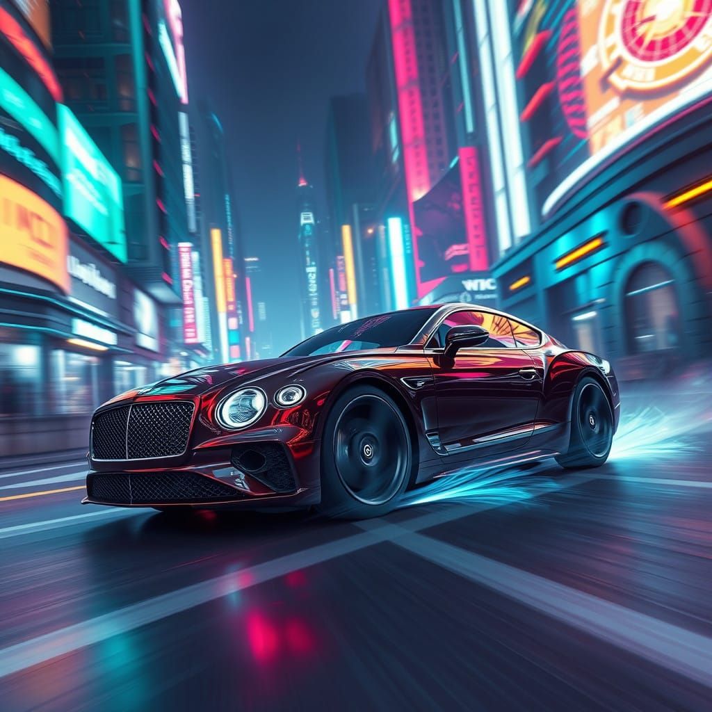 High-Speed Bentley Speeds Through Futuristic Cityscape in Ne...