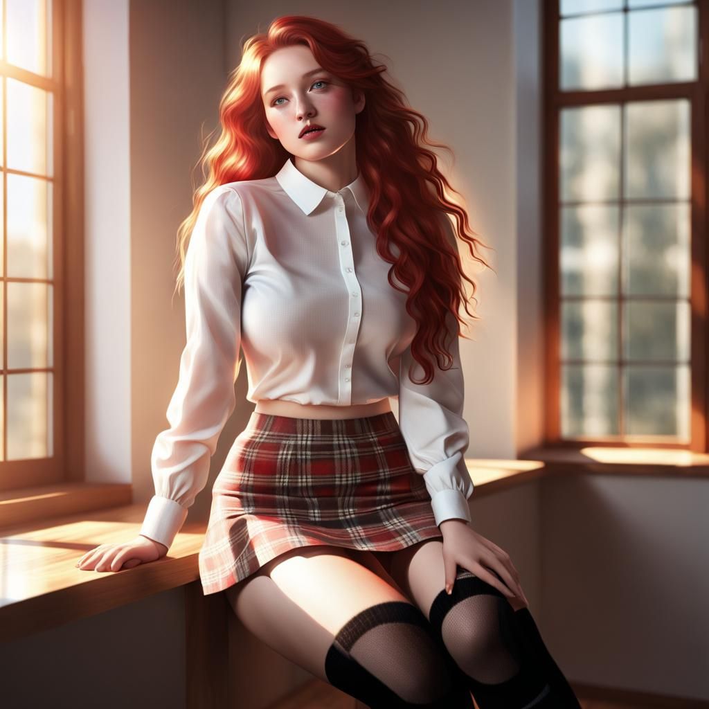 Red-Haired Woman in Sunny Room: 3D Render