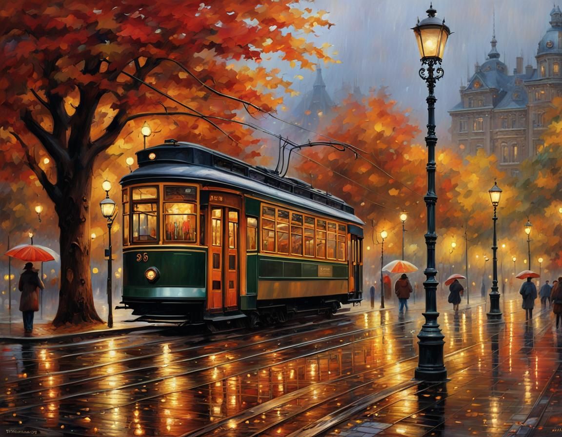 Autumnal Tram Scene with Ornate Lampposts