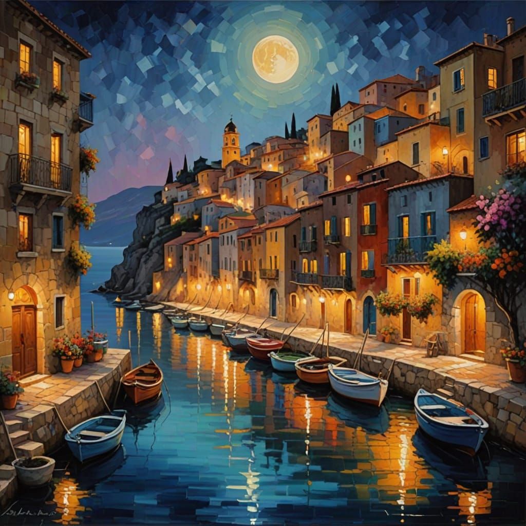 Mediterranean Harbor at Dusk with Full Moon