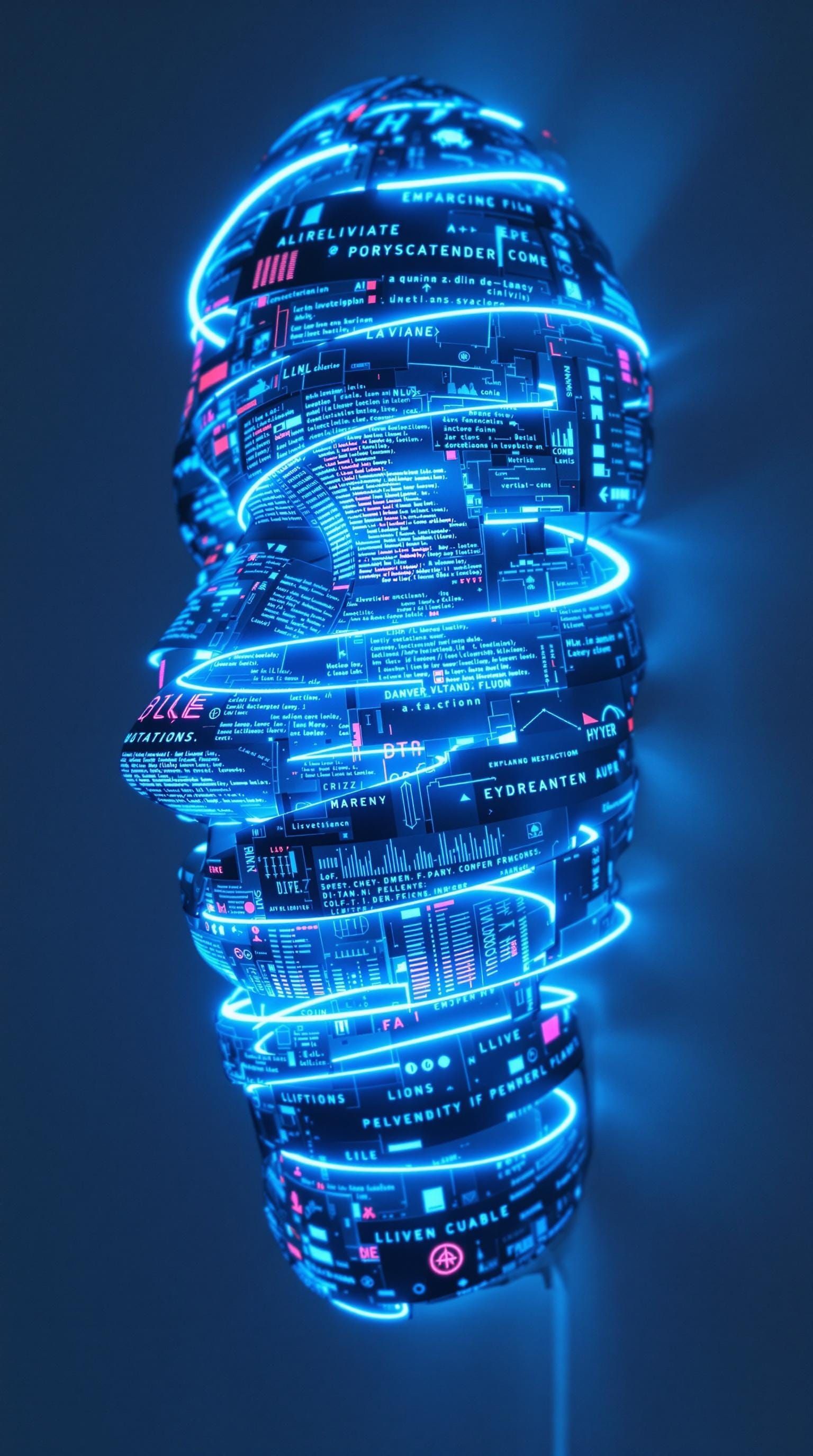 Cybernetic Face Sculpture in Neon Wire