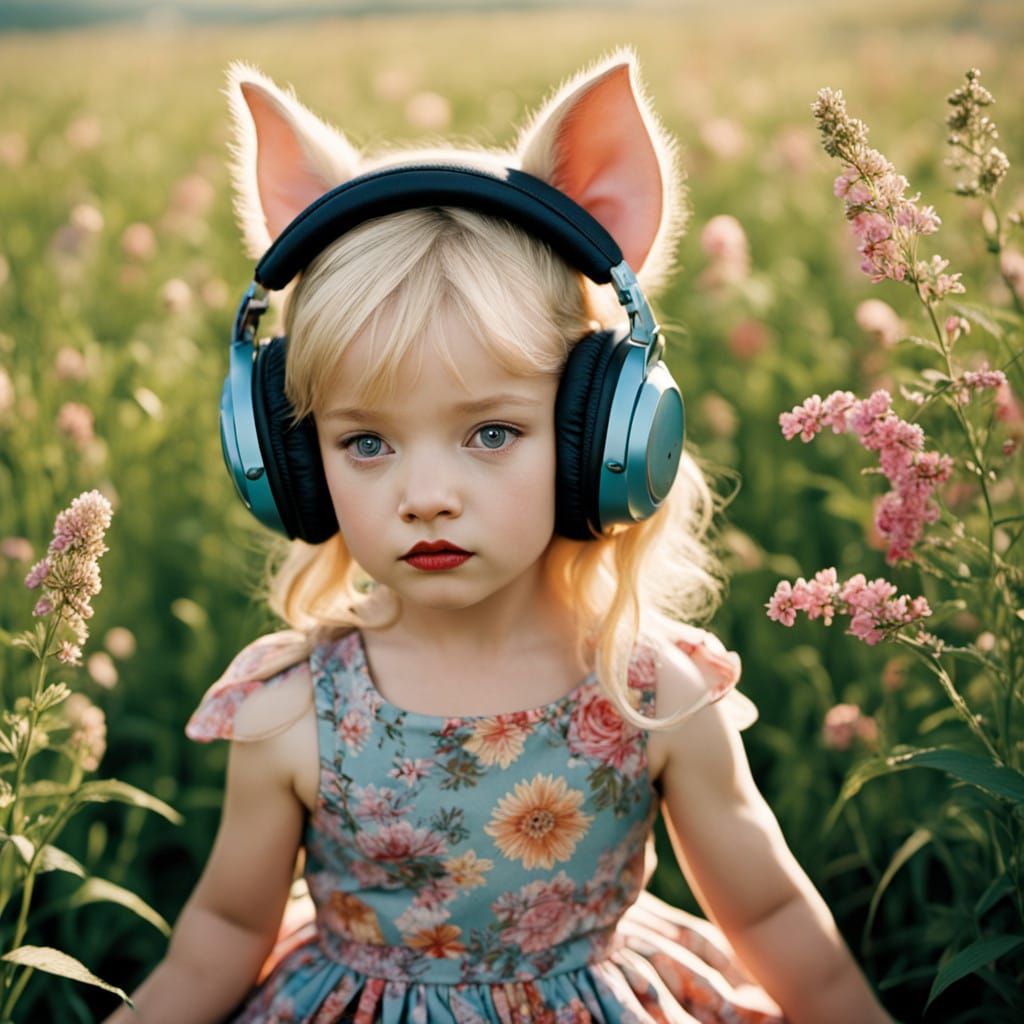 Realistic Piglet in Sundress, Serene in Meadow with Headphon...