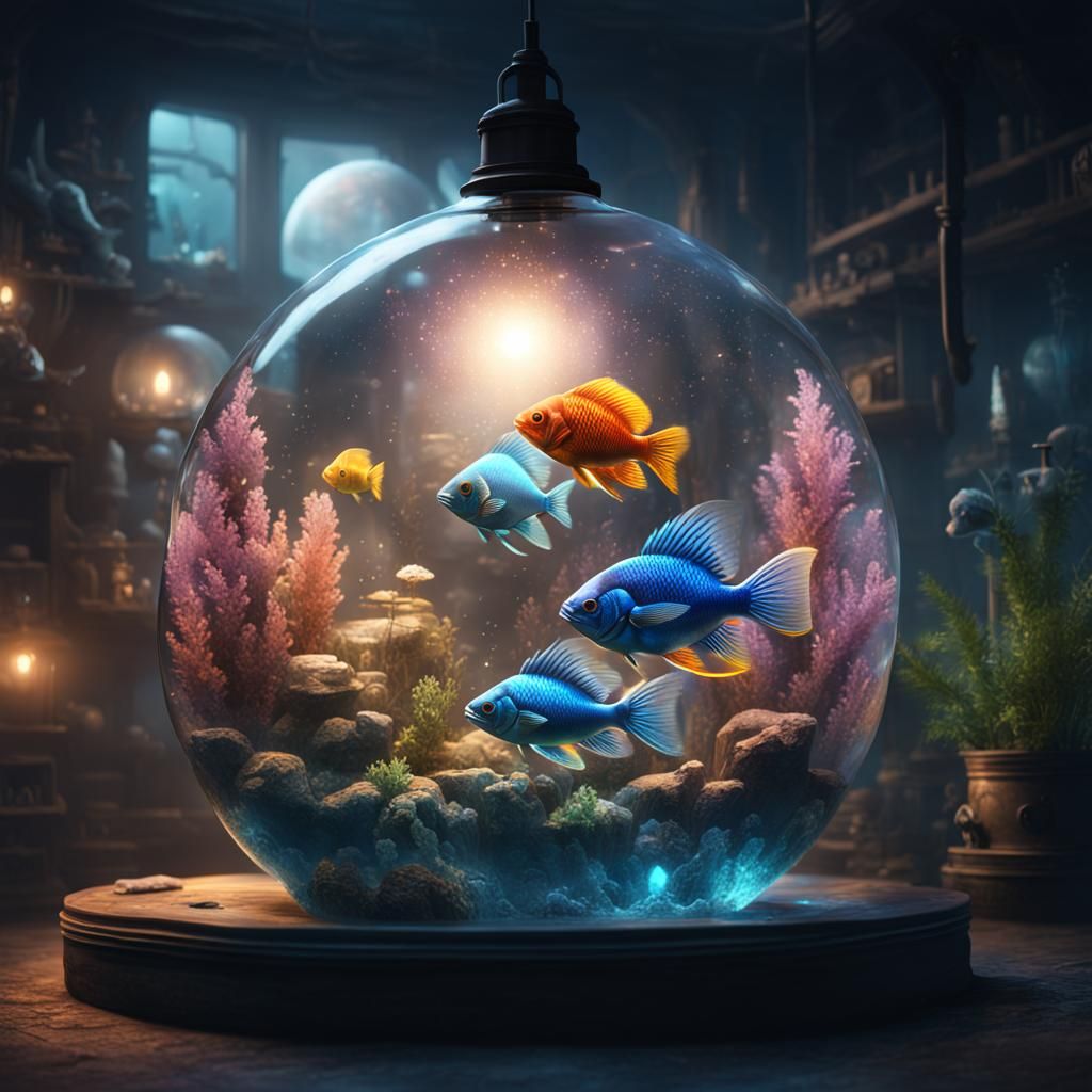 Fantasy Crystal Aquarium in Floating Light Bulb
