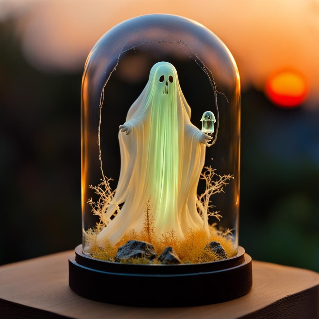 Miniature Ghost in Cracked Glass Head, Hyperrealistic Sunset