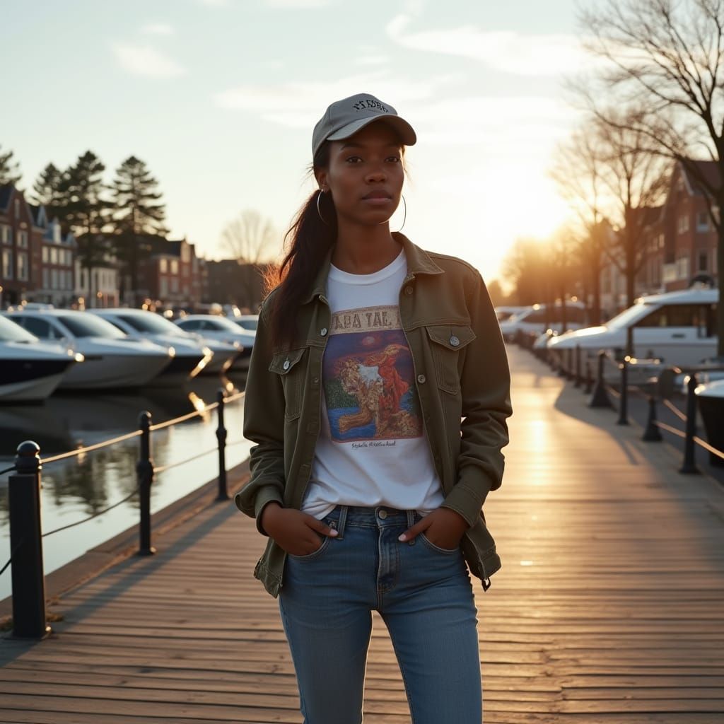 Realistic Photo of Woman on Boardwalk with Ships