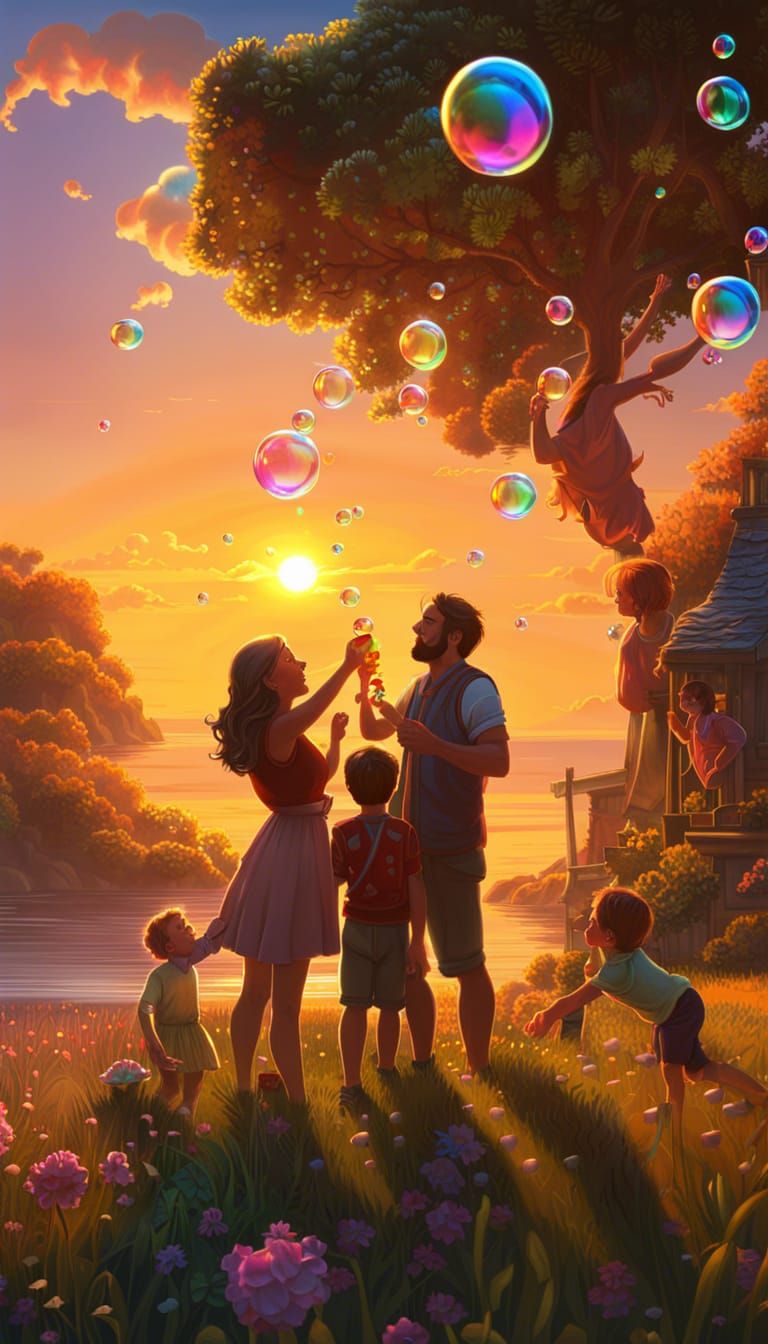 Family Bubble Fun in Sunset Fantasy Art