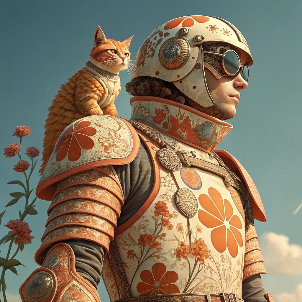 Ornate Armored Figure with Cat in Digital Painting Style