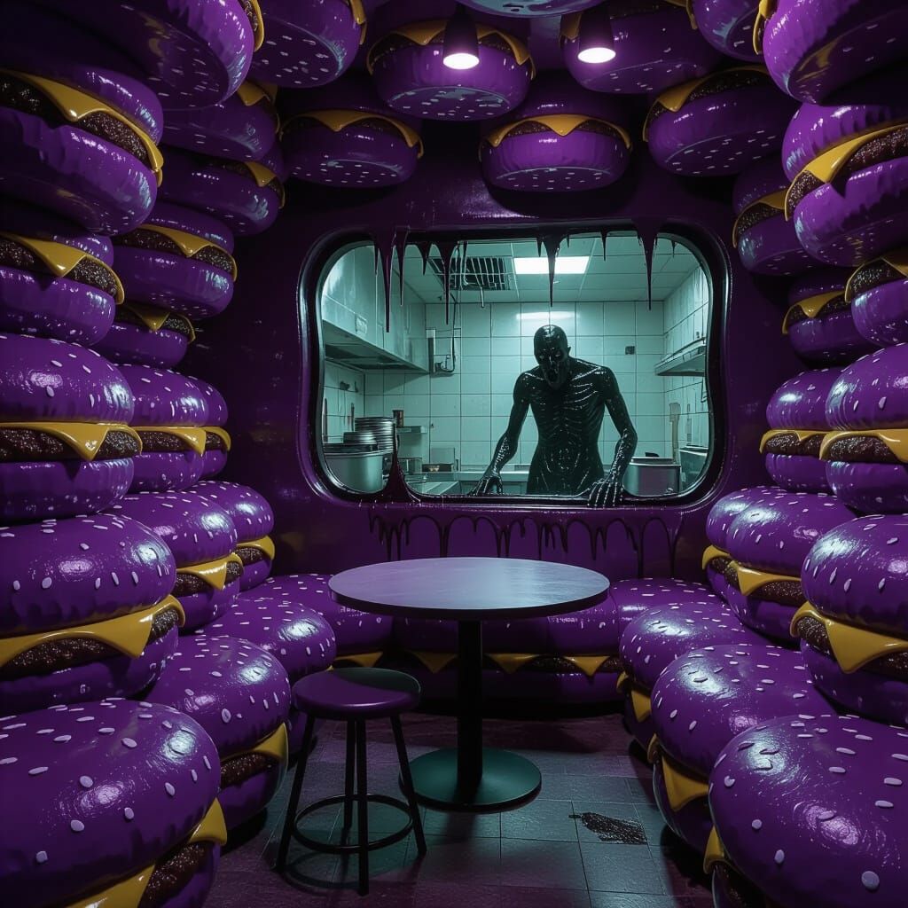 Surreal Hamburger Restaurant Interior With Disturbing Window...