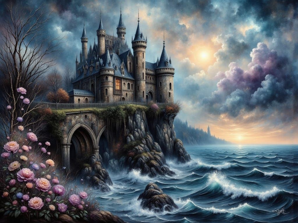 Gothic Castle on Stormy Cliff in Impasto Style
