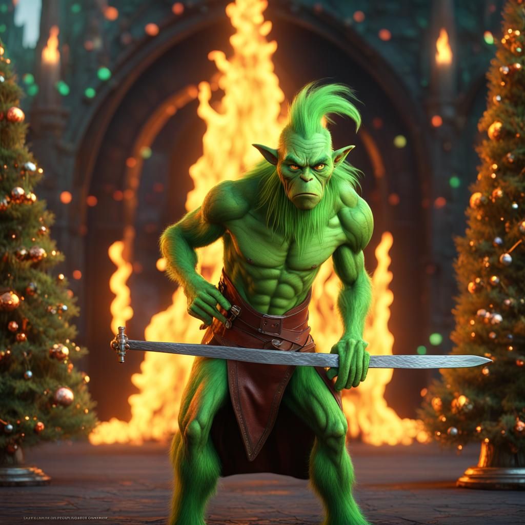Fiery Grinch with Sword: 3D Christmas Art