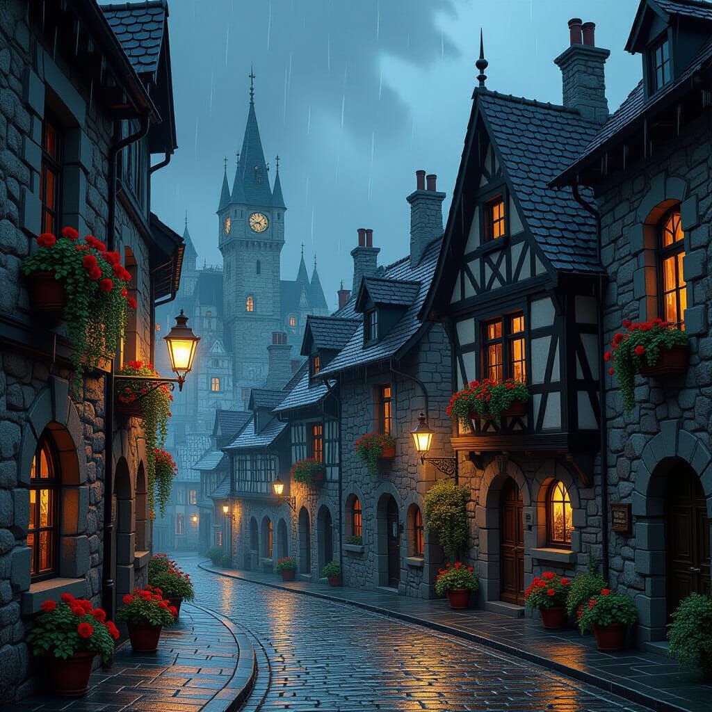 European Town on Rainy Evening, Digital Painting