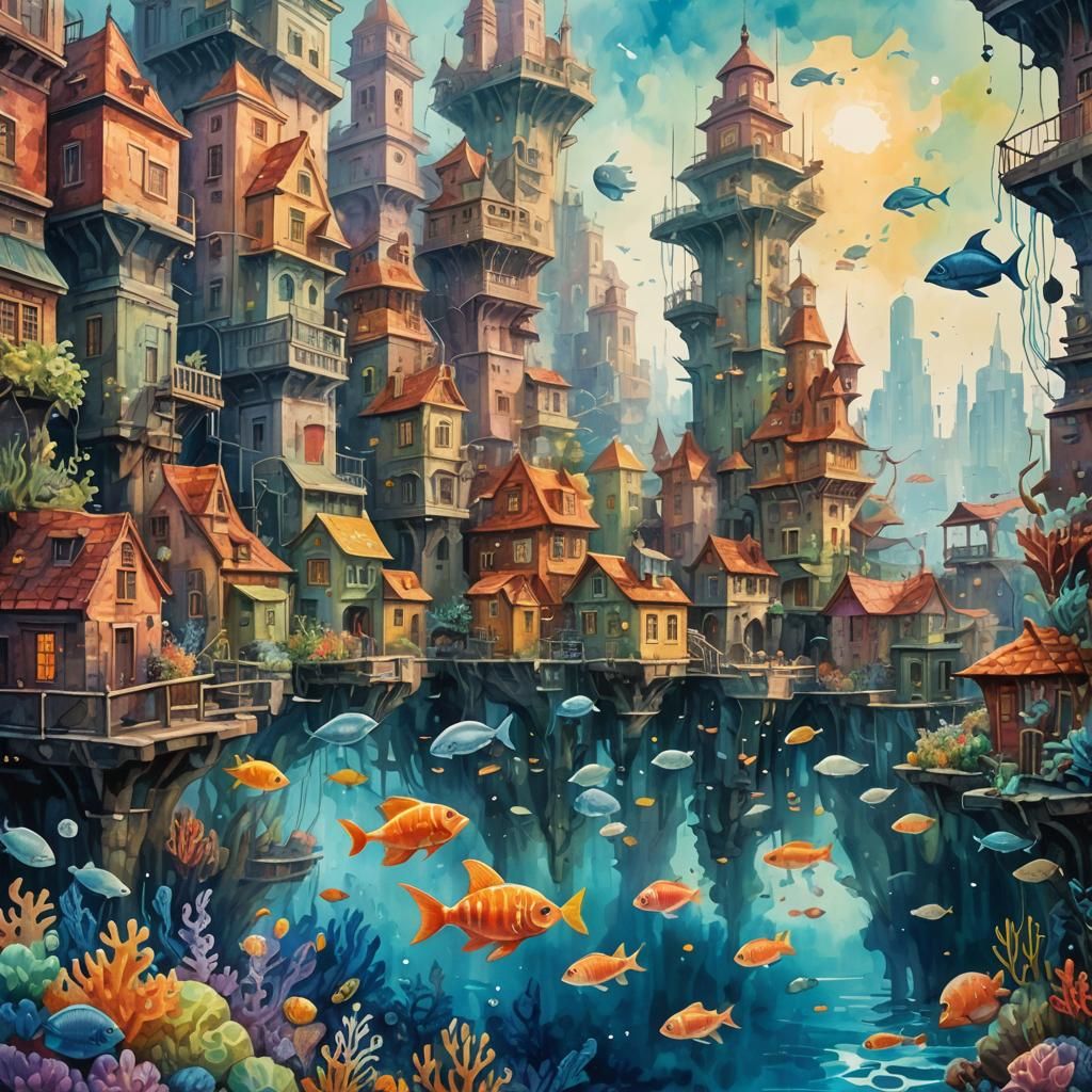 Underwater City in Gouache and Watercolor Style