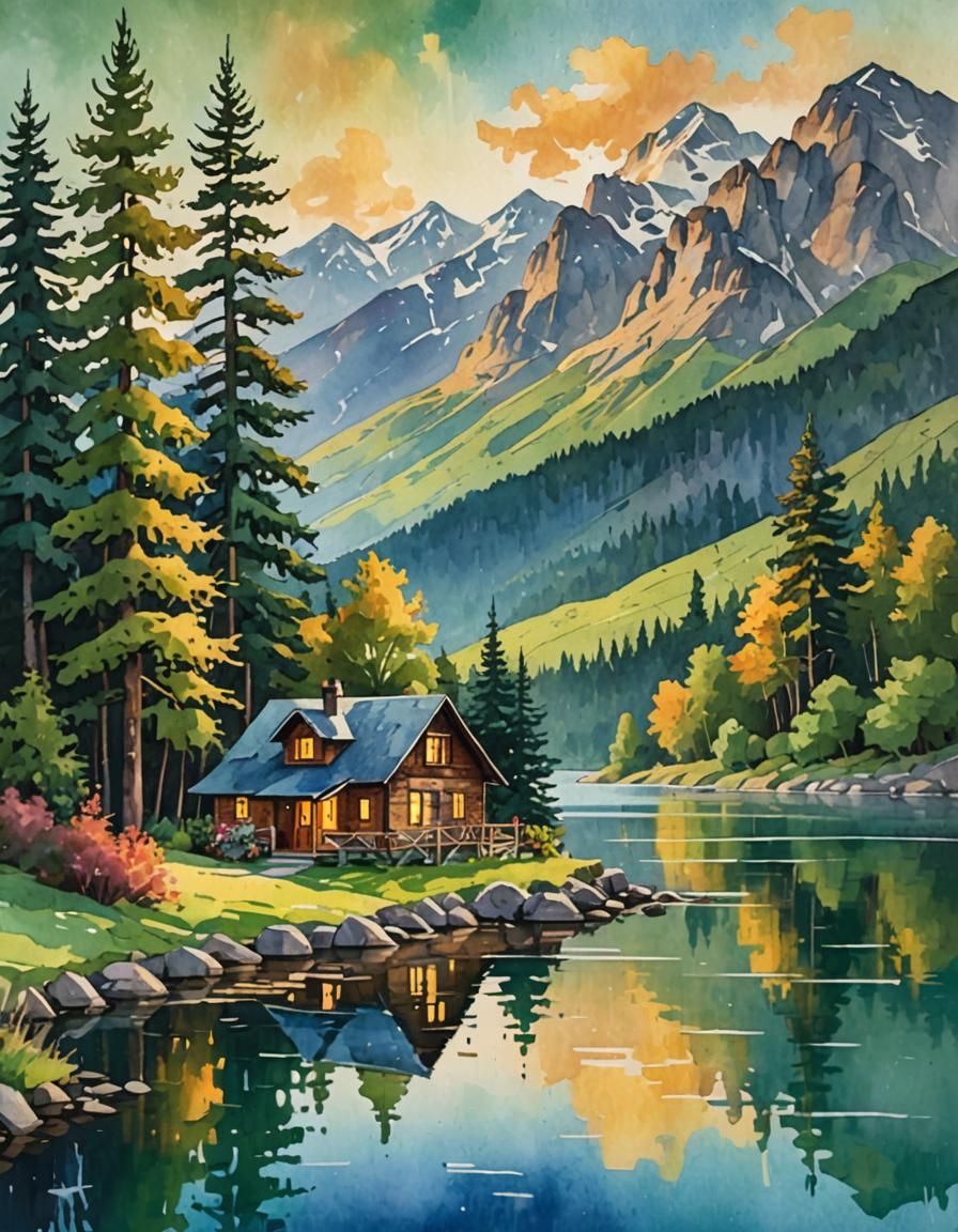 Impressionist Landscape: Serene Lake House in Gouache