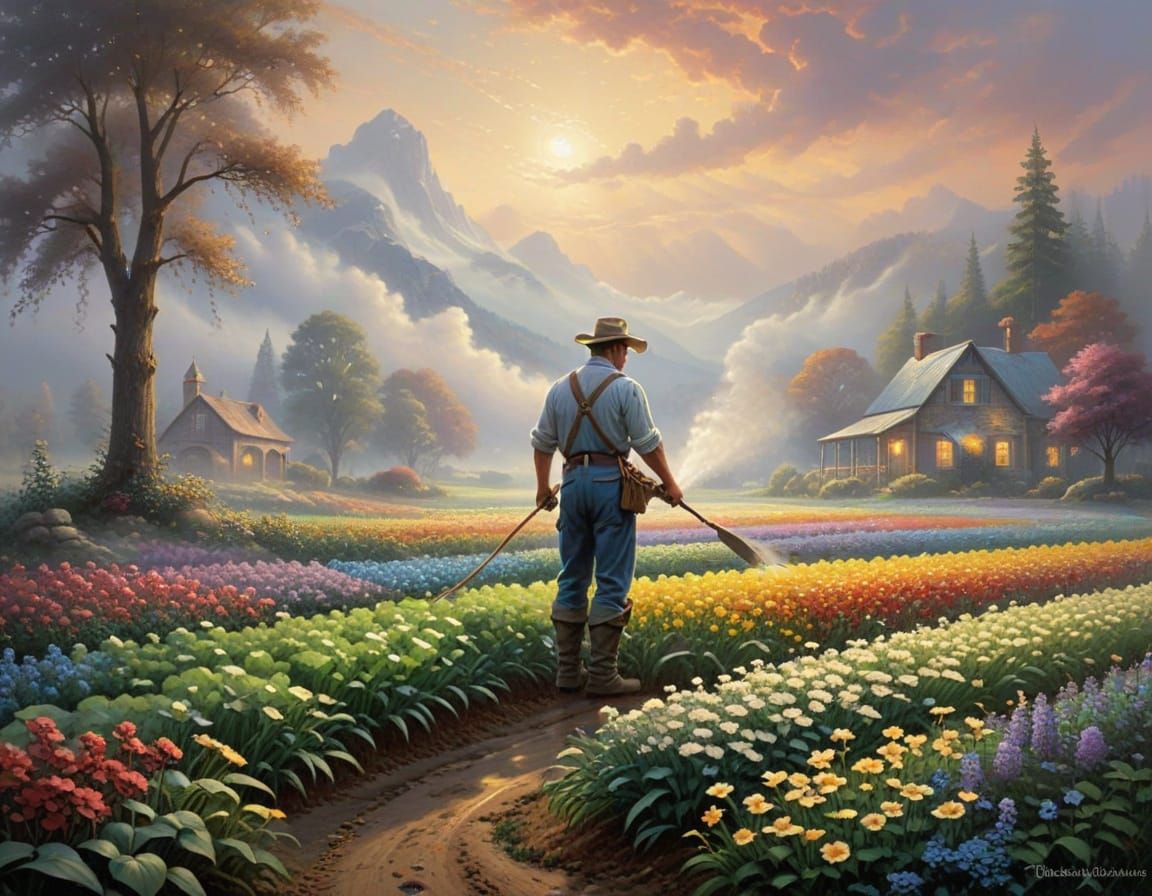 Ethereal Farmer Planting Seeds in Misty Field