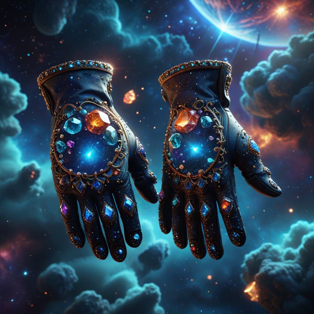 Ornate Jewel Gloves in Cosmic Void as Digital Matte Painting